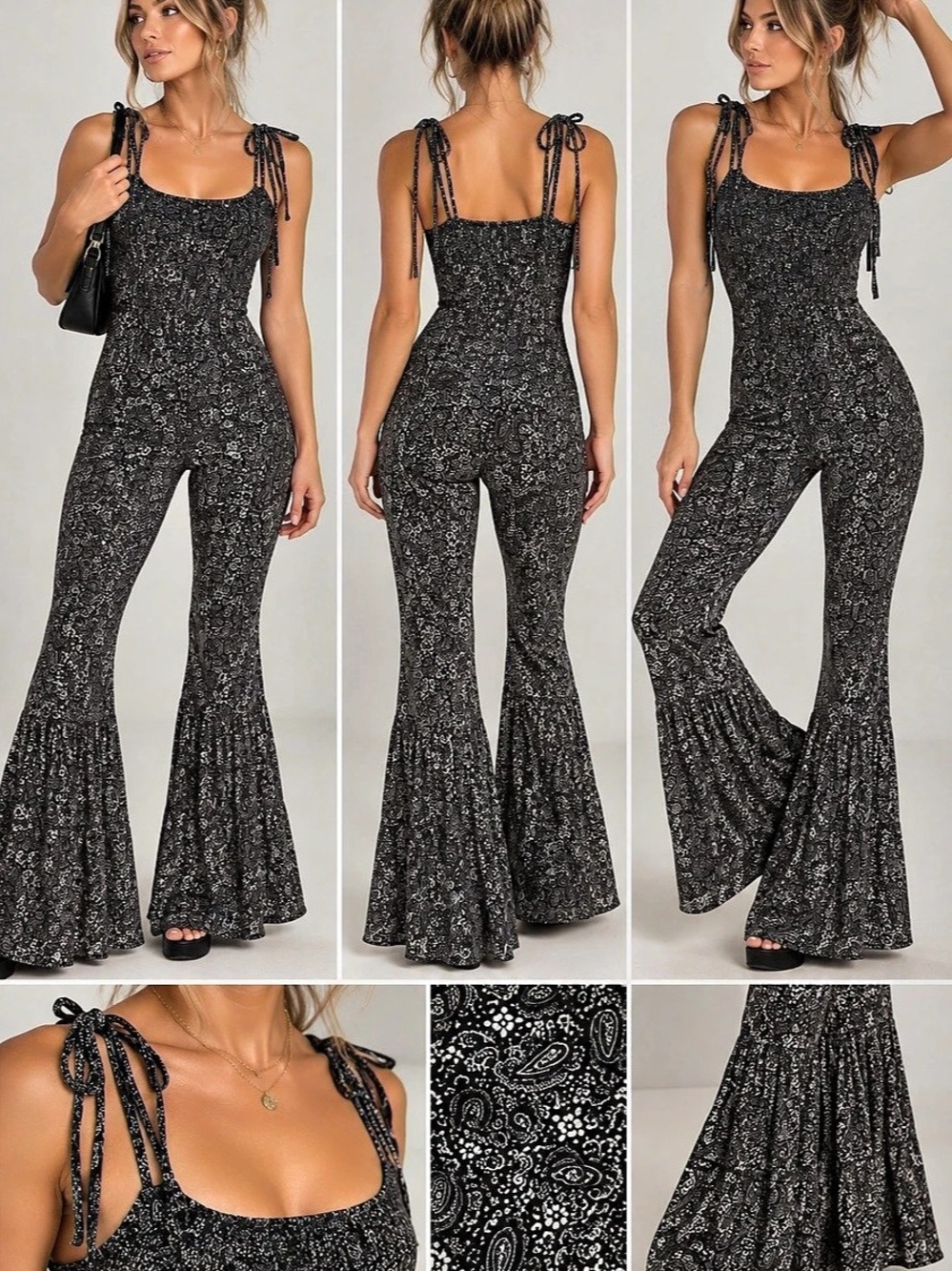 Pink Lily Floral Flare Jumpsuit in Black & White Like New